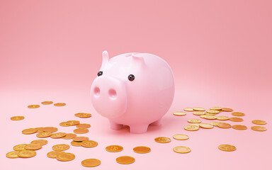 Piggy bank with bitcoin on Pink background.