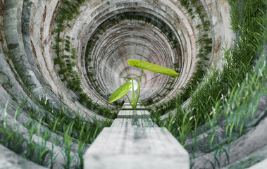 Fototapeta premium small plant and grass in cemen tunnel, 3d illustration rendering