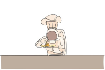 Single continuous line drawing of astronaut tasting delicious food before serving to customer in outer space cafe. Healthy restaurant cuisine concept. Trendy one line draw design vector illustration