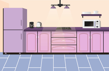 Kitchen in a pink color. There is a kitchen furniture, a refrigerator, a microwave, a kettle and other objects in the picture, apartment, background, cooking, cup, cupboard, decoration, design, dining