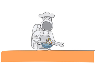 One single line drawing of young astronaut chef cooking healthy cuisine food for cafe resto using fry pan vector illustration. Delicious space galaxy dish concept. Modern continuous line draw design