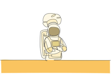 Single continuous line drawing of young astronaut chef crossing her hands cross the chest, pose in outer space cafe. Healthy restaurant cuisine concept. Trendy one line draw design vector illustration