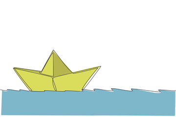 Fototapeta na wymiar One continuous line drawing of paper boat sailing on the water river. Origami craft concept. Dynamic single line draw design vector graphic illustration