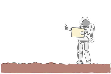 One single line drawing of astronaut hitchhiker holding paper board and wait at side of the road in moon surface vector illustration. Cosmonaut deep space concept. Modern continuous line draw design