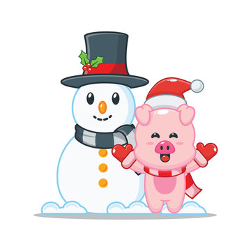 Cute christmas pig with Snowman. Cute christmas cartoon illustration.