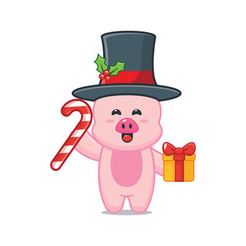 Cute christmas pig holding christmas candy and gift. Cute christmas cartoon illustration.