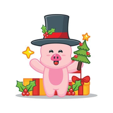 Cute christmas pig holding star and christmas tree. Cute christmas cartoon illustration.