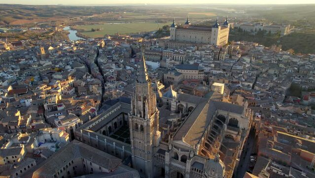 Aerial view of Toledo, Spain, historic center of city, castle Alcazar de Toledo - landscape panorama of Castilla, La Mancha from above, Spain, Europe