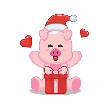 Cute christmas pig happy with christmas gift. Cute christmas cartoon illustration.
