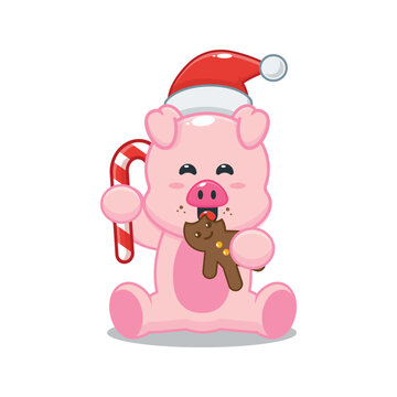 Cute christmas pig eating christmas cookies and candy. Cute christmas cartoon illustration.