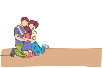 One continuous line drawing of young happy mom and dad hugging their daughter full of warmth . Happy loving parenting family concept. Dynamic single line draw design vector illustration graphic