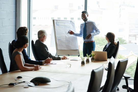 Young black man doing leadership presentation on innovation at business shareholder meeting in office. Diverse work colleague group talking about company mission and vision development strategy.