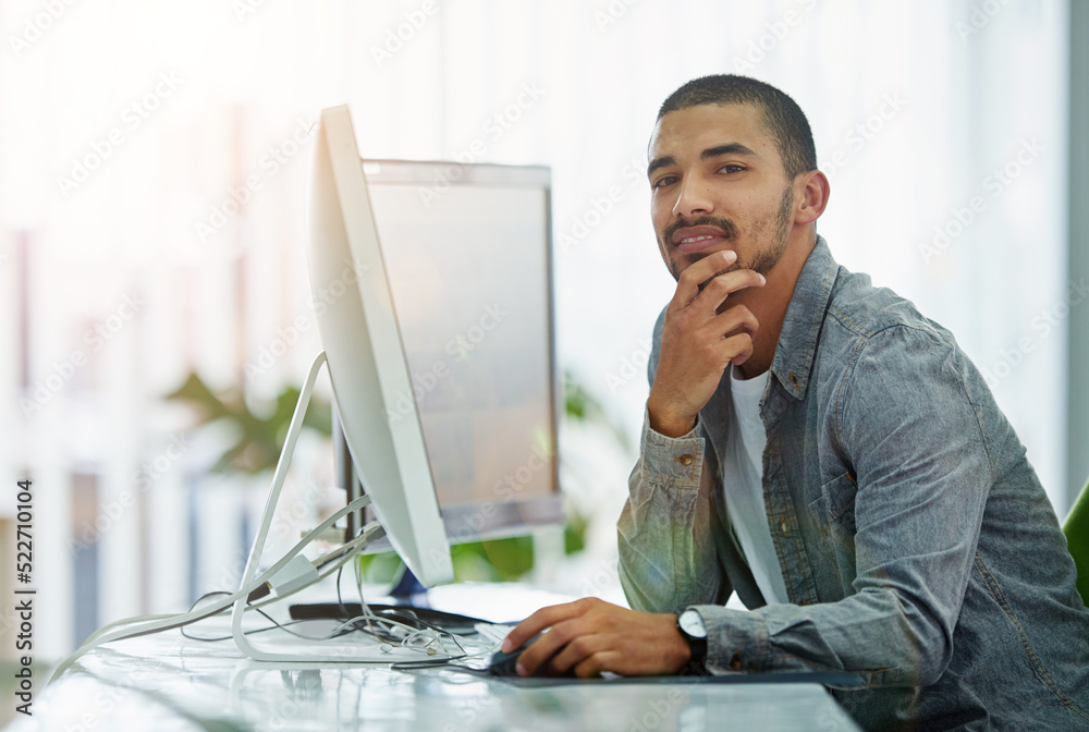 Leinwandbilder Trendy businessman, IT or software engineer with good innovation and web development design development idea at tech company. Face portrait of a young ux or ui designer with a modern desktop computer
