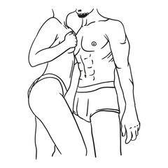 Continuous one line vector drawing of Beautiful couple in sleeping pose on pillows. Minimalistic contour illustration young lovers after sex. Man and woman woke up in the morning and hugging