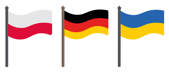Flag of Poland, Germany and Ukraine. Set of color vector illustrations. Symbols of the states. Political themes. Flat style. National sign. Isolated background. Idea for web design.