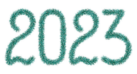 Tinsel. 2023. Lettering from a festive Christmas decoration. Fluffy numbers. Green colour. Vector illustration. Isolated white background. Cute plush message. coming year. Rustling lettering. 