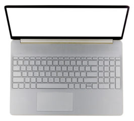 Cutout of an isolated well-used open laptop with a blank white screen. Top view with the transparent png background

