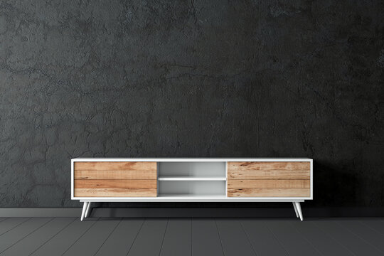 Modern bureau tv console mockup in empty living room with black wall, 3d rendering