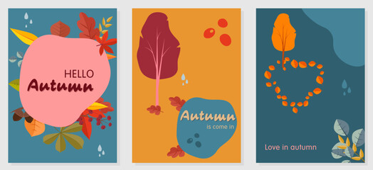 Set of abstract autumn backgrounds for social media stories. Colorful banners with autumn fallen leaves and yellowed foliage. Use for event invitation, discount voucher, advertising. Vector eps 10