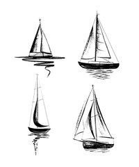 Sailboat at sea set. Abstract minimalistic style. Hand drawn in black ink, brush and paint texture. 