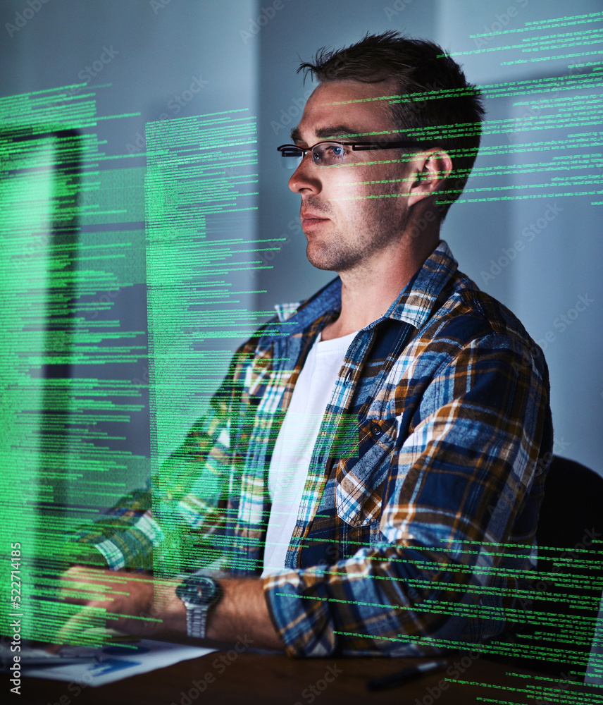 Leinwandbilder Thinking computer engineer reading cgi code, typing or searching on computer while designing or developing website late at night. Serious web developer planning, coding or innovating website ux or ui
