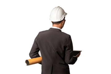 The image of the builder, the architect seriously studies the layout plans.illustration vector illustrator Ai.PNG