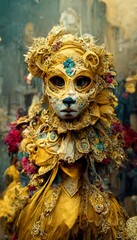 Obraz na płótnie Canvas A medieval man wearing a golden lion mask. A festival in masks in the ancient days. Carnival concept in masks. Perfect for phone wallpaper or for posters. 3d rendering