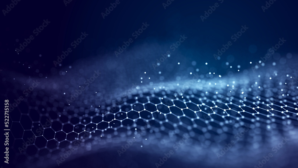 Fototapete Big data visualization. The musical stream of sounds. Abstract background with interweaving of dots . 3D rendering.