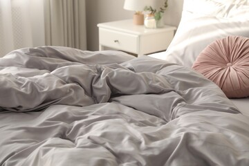 Fototapeta na wymiar Bed with stylish silky linens in room
