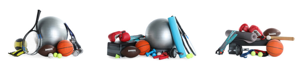 Set with different sports equipment on white background. Banner design