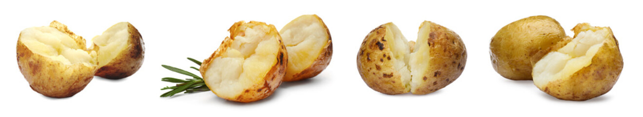 Set with delicious hot baked potatoes on white background. Banner design