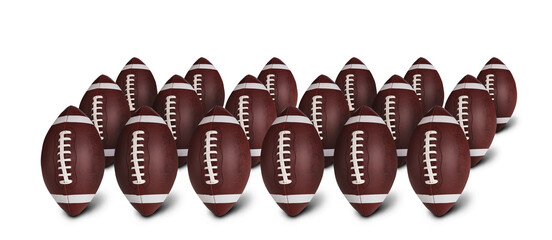 Set with leather American football balls on white background. Banner design