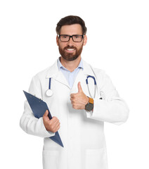 Doctor with stethoscope and clipboard showing thumb up on white background