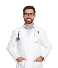 Fototapeta premium Portrait of doctor with stethoscope on white background