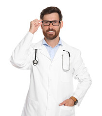 Portrait of doctor with stethoscope on white background