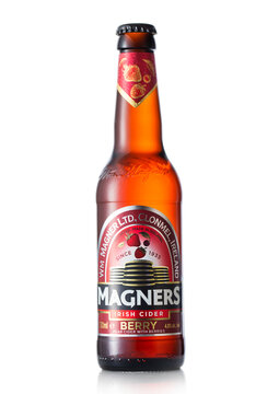 LONDON, UK - JUNE 15, 2022: Magners Original irish cider with berry taste on white background. Most popular cider in the world