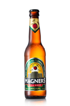 LONDON, UK - JULY 03, 2022: Bottle of Magners Original apple irish cider on white background.