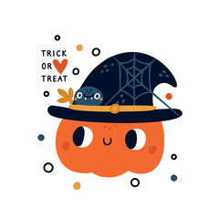 Cute halloween illustration with pumpkin, spider, in hat. Trick or treat festive poster. Halloween card, party print for kids