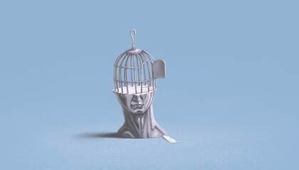 Concept idea art of freedom soul and inspiration. Surreal artwork of a bird cage on human face. 3d illustration. Conceptual painting.