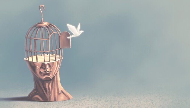 Concept idea art of freedom soul and inspiration. Surreal artwork of a bird cage on human face. 3d illustration. Conceptual painting.