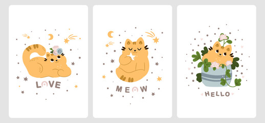 Greeting card collection with cute cats, rainbow and flowers in cartoon scandinavian style. For children's holidays, for a newborn