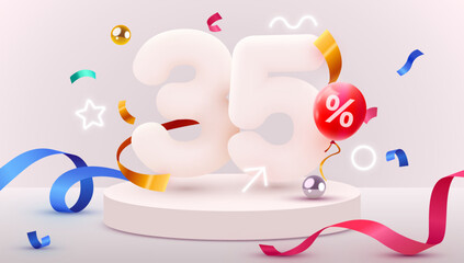 35 percent Off. Discount creative composition. 3d sale symbol with decorative objects, balloons, golden confetti, podium and gift box. Sale banner and poster.