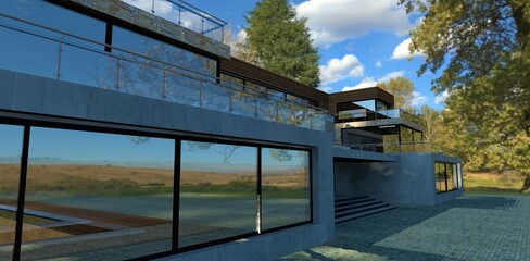 Fototapeta premium Autumn landscape. Bright blue sky with clouds. The facade of a modern office, finished with concrete and reflective windows. Long fenced terraces. 3d render.