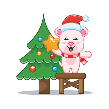 Cute polar bear taking star from christmas tree. Cute christmas cartoon illustration.