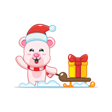 Cute polar bear carrying christmas gift box. Cute christmas cartoon illustration.