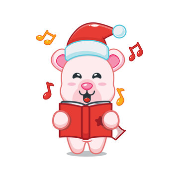 Cute polar bear sing a christmas song. Cute christmas cartoon illustration.