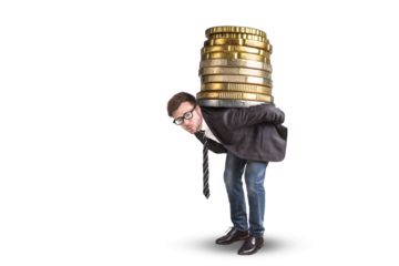 Businessman carries a huge stack of coins on his back