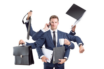 Busy businessman with many arms and office tools - obrazy, fototapety, plakaty