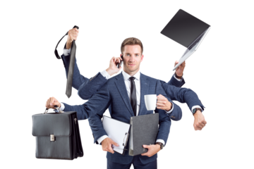 Busy businessman with many arms and office tools
