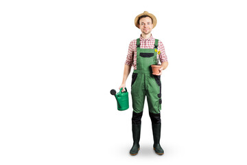 Happy gardener with a watering can and a flower pot